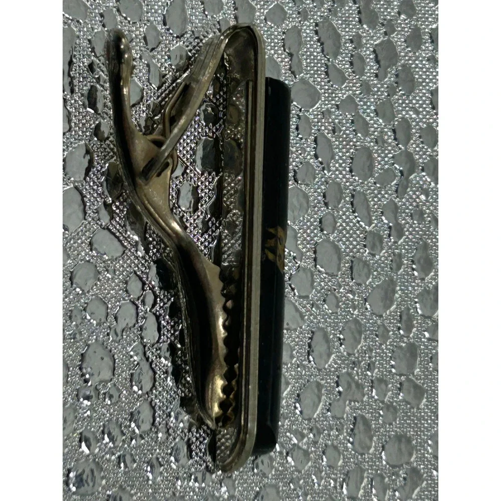 Vintage Gold Tone Tie‎ Clip Black Inlay Diagonal Gold Band Detail Mens Accessory